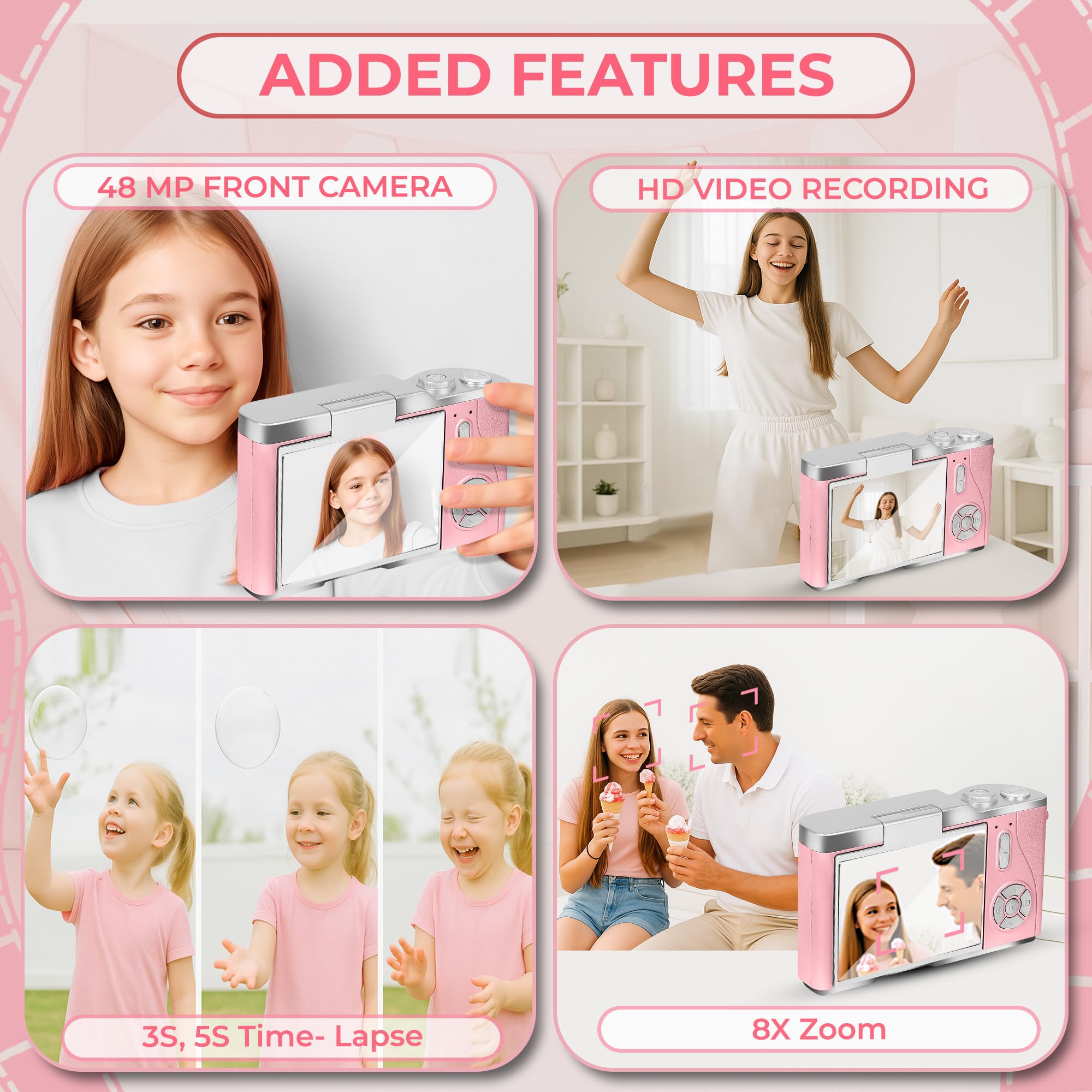 Cason 48MP Digital Camera for Kids & Adults -Real Photo & Video Mini Camera for Photography 2.4” Rotating Screen, Built in Games Kids Cameras for 5-15 Years Girls & Boys with 8 GB Sd Card (Pink) image 2