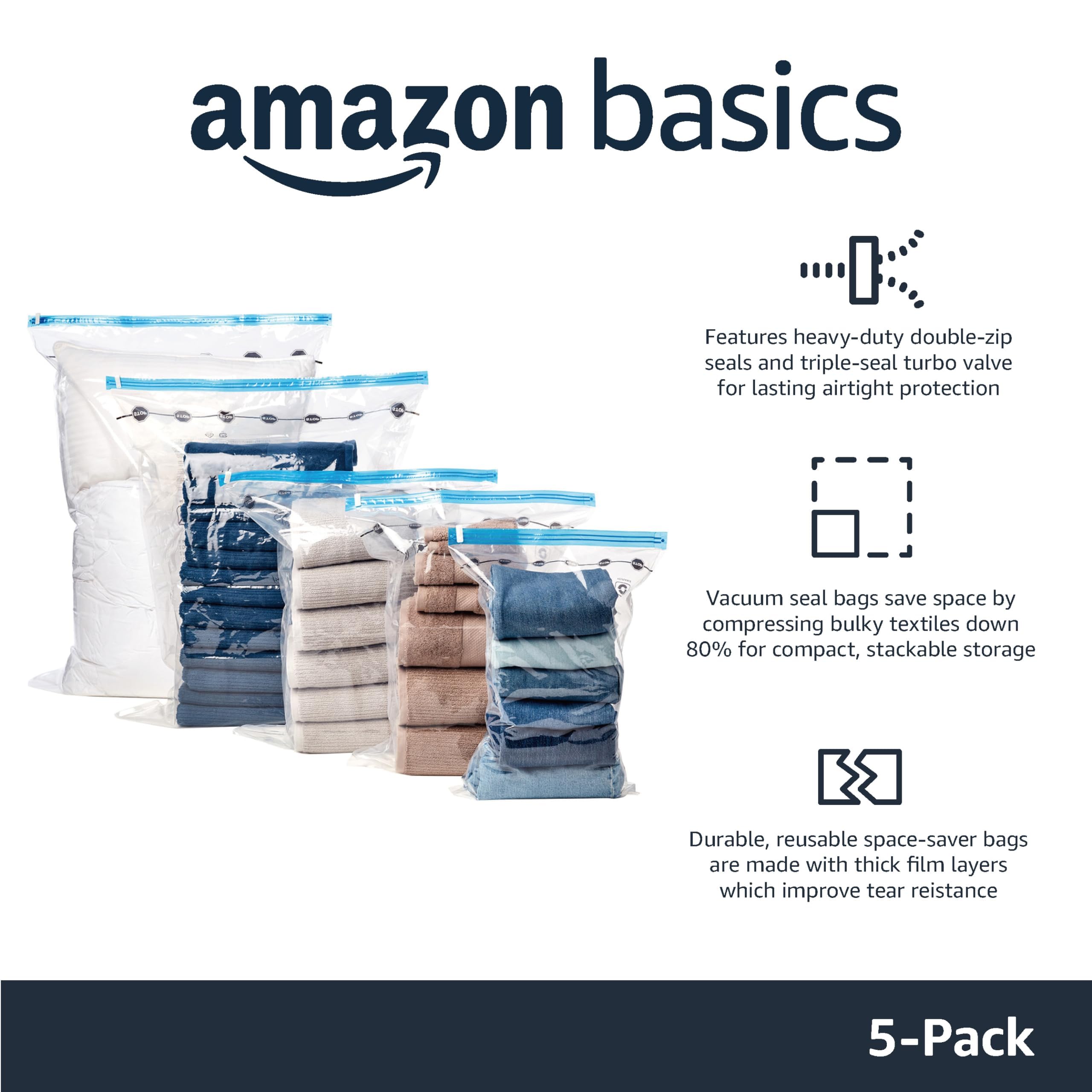 amazon basics Vacuum Compression Storage Bags with Hand Pump - Large, 5-Pack, Plastic image 2