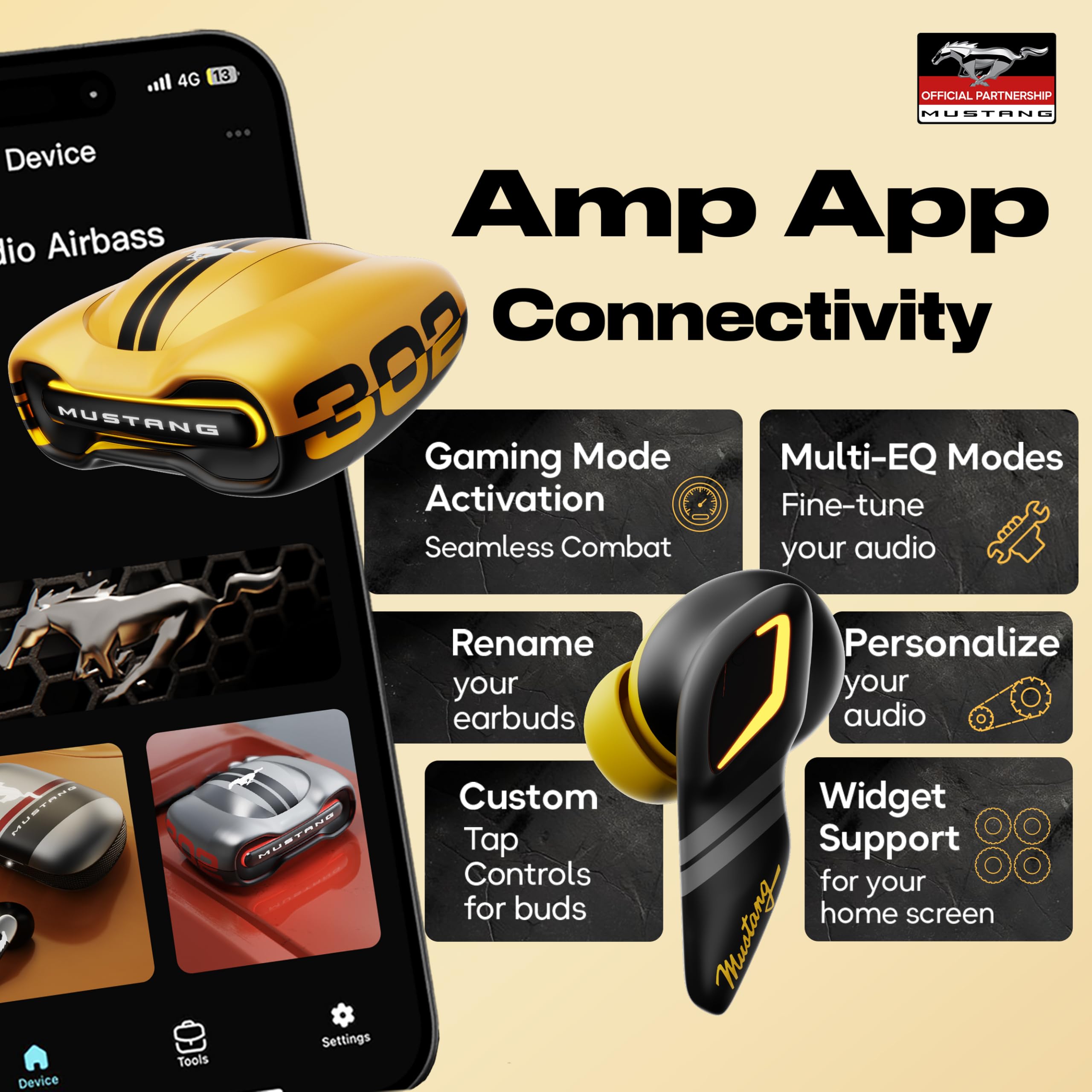 GOBOULT x Mustang Torq Wireless in Ear Earbuds with 60H Playtime, App Support, Quad Mic ENC, 45ms Low Latency, 13mm Driver, Breathing LEDs, Made in India Ear Buds Wireless (Yellow) image 5