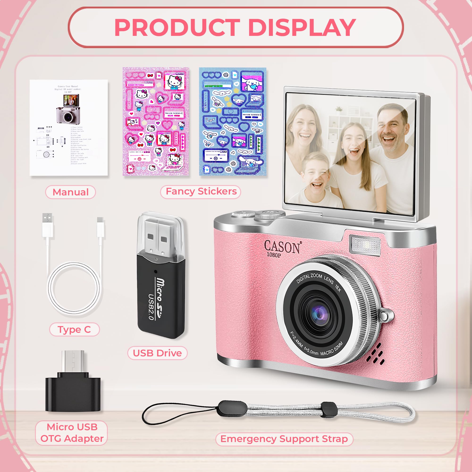 Cason 48MP Digital Camera for Kids & Adults -Real Photo & Video Mini Camera for Photography 2.4” Rotating Screen, Built in Games Kids Cameras for 5-15 Years Girls & Boys with 8 GB Sd Card (Pink) image 5
