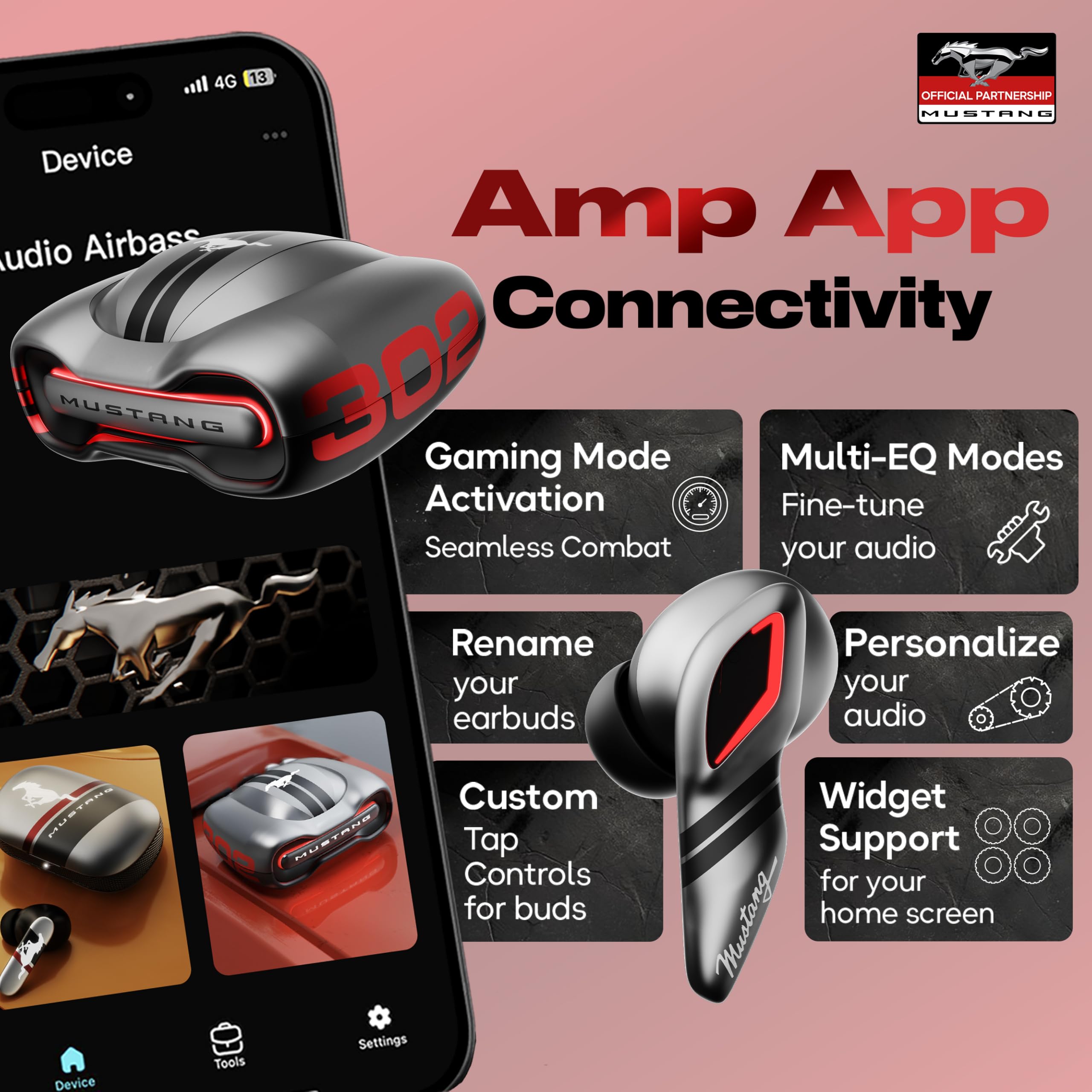 GOBOULT x Mustang Torq Wireless in Ear Earbuds with 60H Playtime, App Support, Quad Mic ENC, 45ms Low Latency, 13mm Driver, Breathing LEDs, Made in India Ear Buds Wireless (Silver) image 5