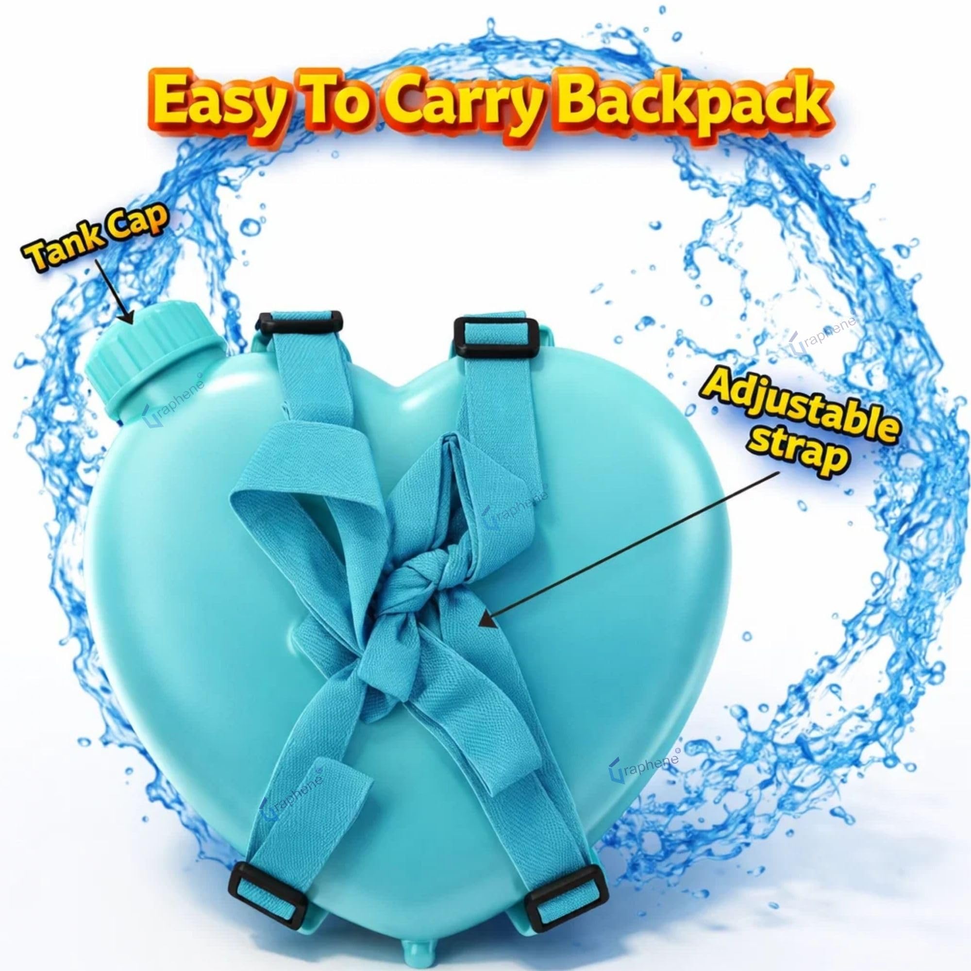 GRAPHENE Holi Pichkari Water Gun Kids 1.2L Heart Blue Tank Backpack Squirt High Pressure Water Spray Long Throw Premium Leakproof Shooting Pistol Summer Indoor Outdoor Kids Boy Girl 100 Balloons image 5