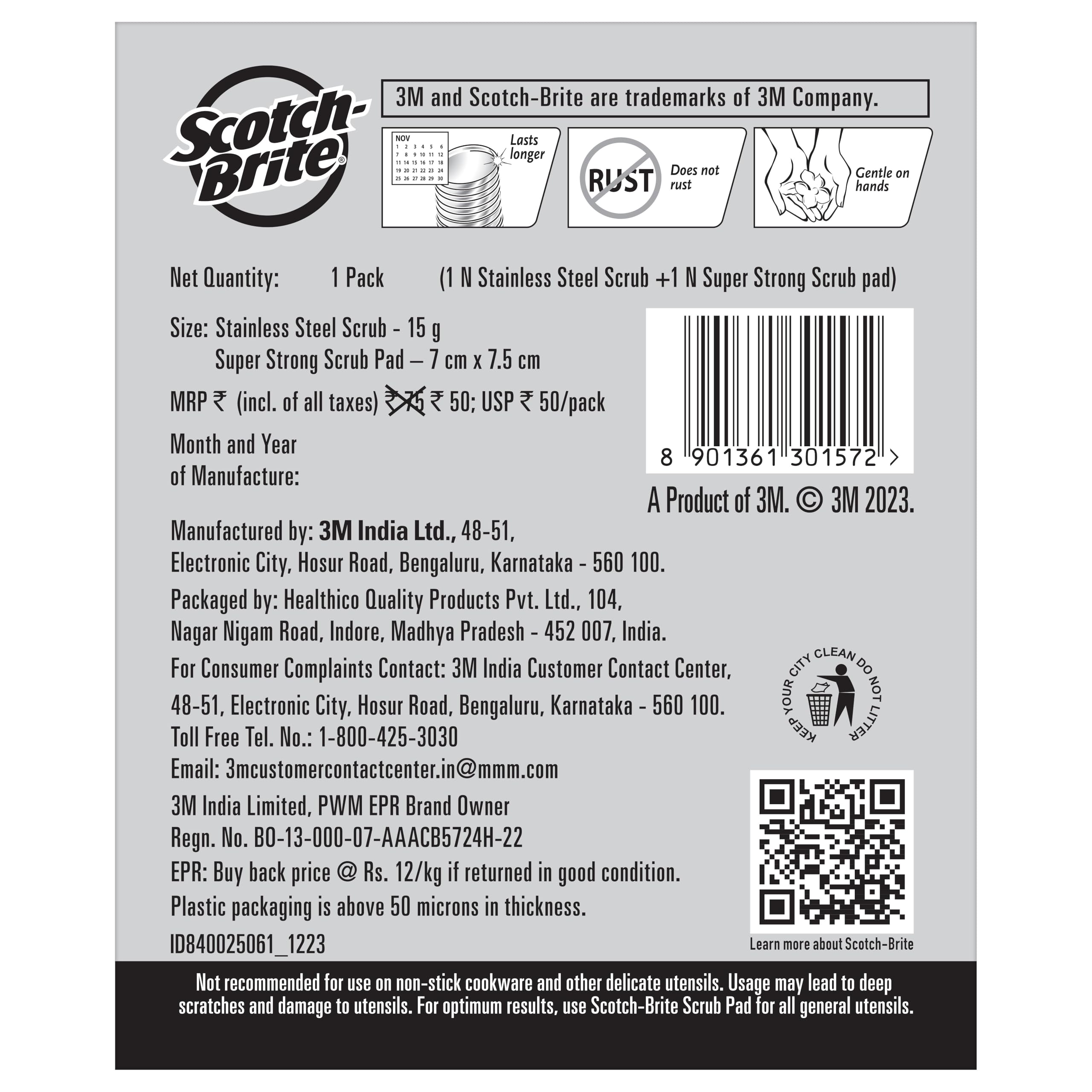 Scotch-Brite 1 Stainless Steel Scrubber (15g) and 1 Scrub pad Combo image 2