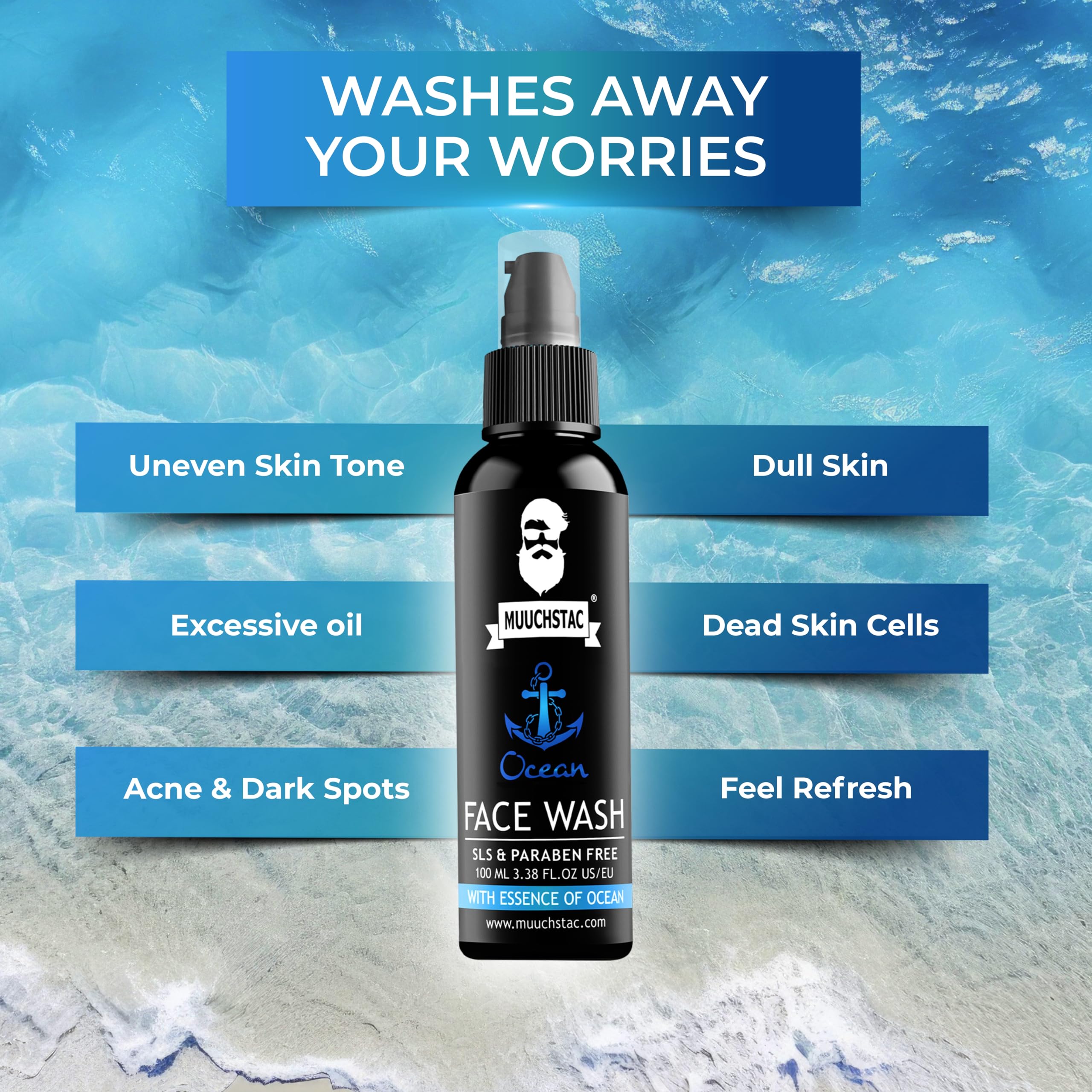 Muuchstac Ocean Face Wash for Men | Fight Acne & Pimples, Brighten Skin, Clears Dirt, Oil Control, Refreshing Feel - Multi-Action Formula (3x100 ml) image 4
