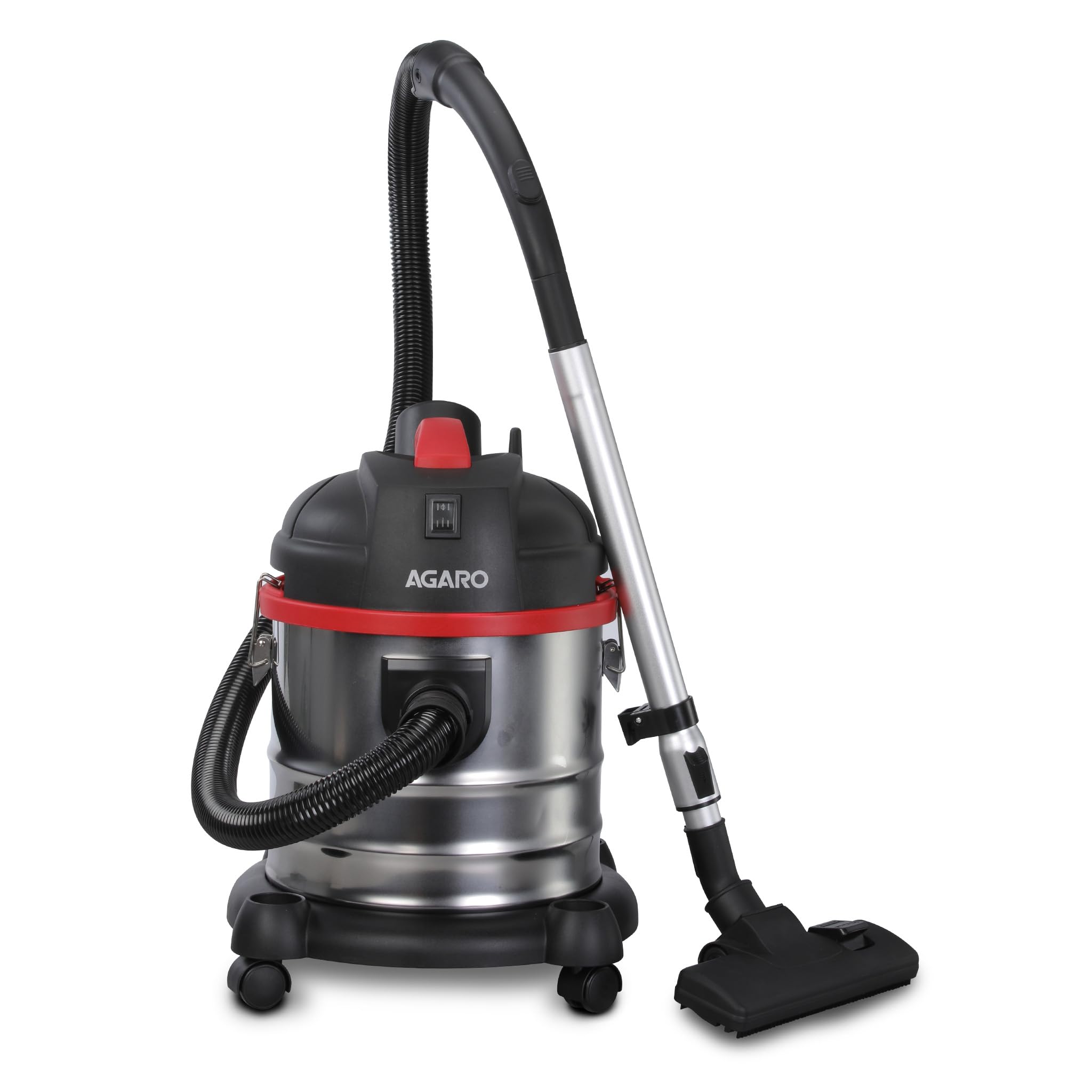 AGARO Ace Wet & Dry Vacuum Cleaner for Home, 1600 Watts, 21.5 kPa Suction Power, 21 litres Tank Capacity, for Home Use, Blower Function, Washable 3L Dust Bag, Stainless Steel Body (Black, Red, Steel)