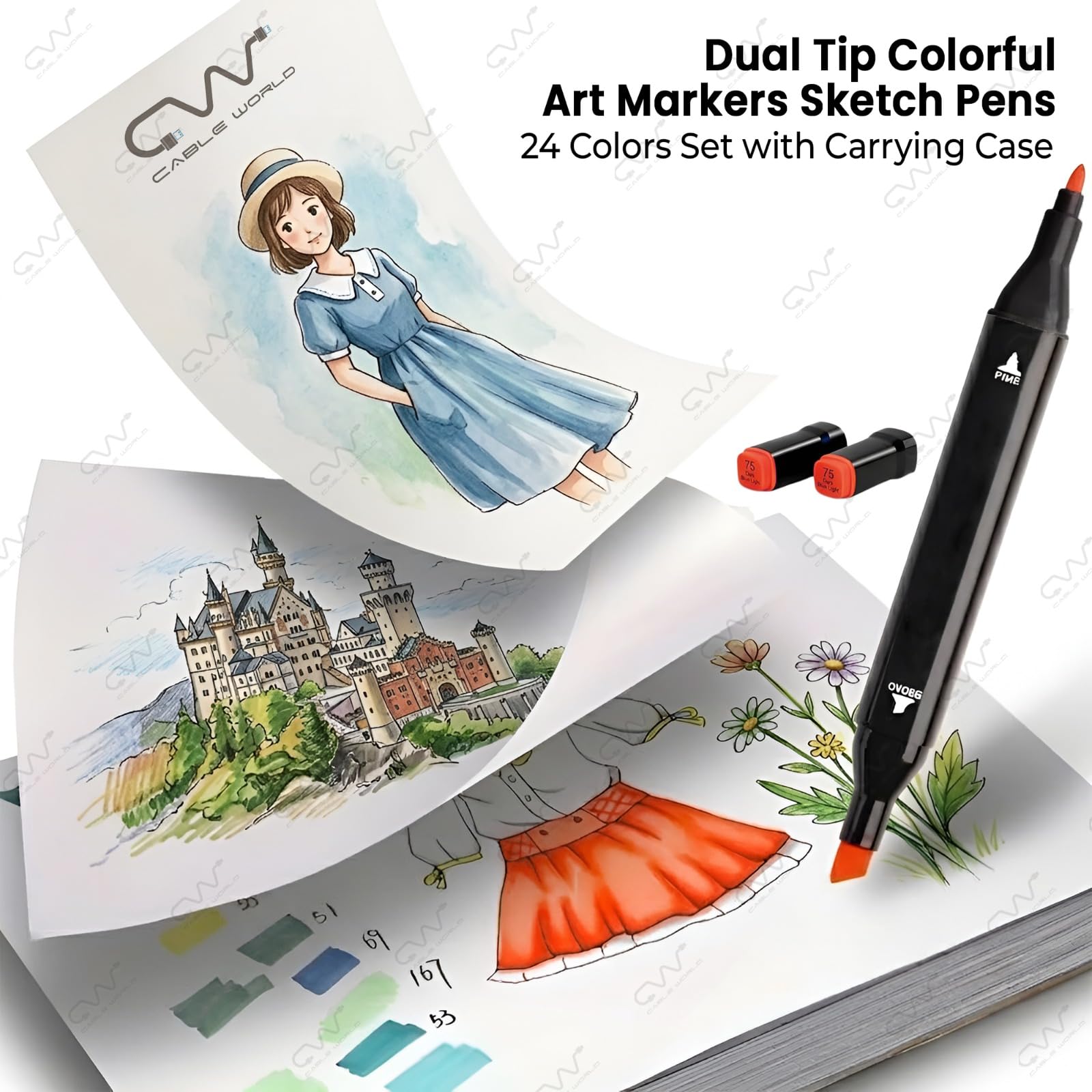 Cable World Dual Tips 24 Colors Markers Set, Art Markers for Adult Coloring Books, Artist Drawing Sketch Markers Set with Fine & Brush Tip (24 Pcs) image 2
