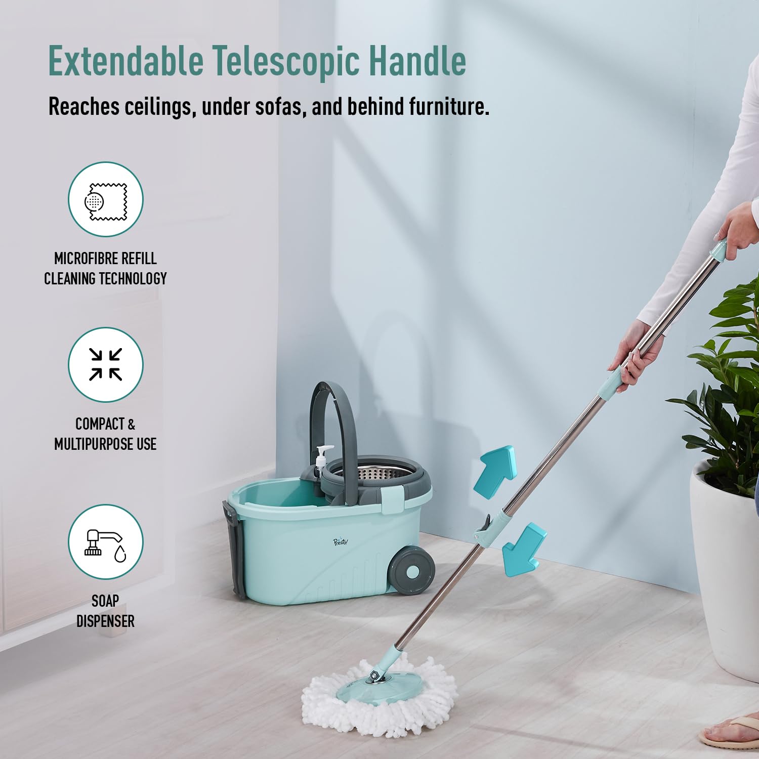 Amazon Brand – Presto! Clean Steel Spin Mop | Plastic & Stainless Steel | 2 Microfiber Refills | Big Wheels with Drag Handle | 360° Spin | Telescopic Handle | Green image 3